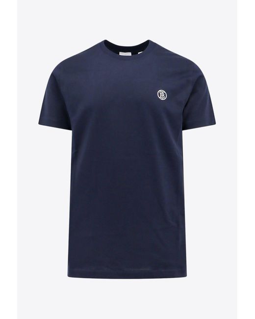 Burberry Blue Logo-Embroidered Crewneck T-Shirt for men