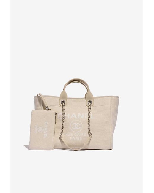 Chanel Natural Medium Deauville Shopping Bag In Beige And White Canvas