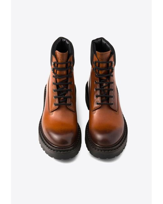 Prada Brown Lace-Up Italian Leather Work Boots for men
