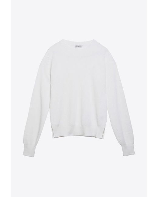 Brunello Cucinelli White Rib-Knit Crewneck Sweater