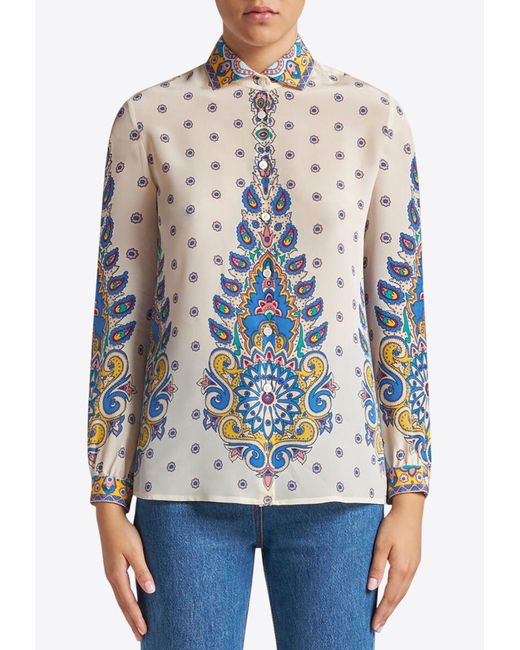 Etro Blue Daisy Print Button-Up Silk Shirt