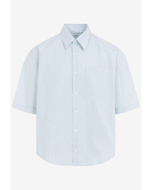 AMI Blue Logo-Embroidered Striped Shirt for men