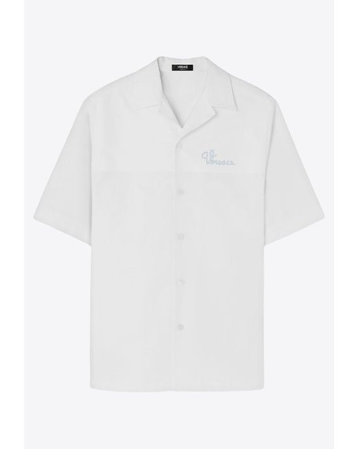 Versace White Logo Embroidered Short-Sleeved Shirt for men