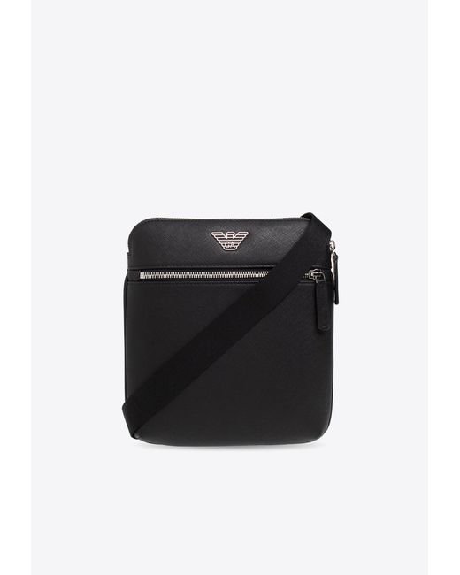 Emporio Armani Black Logo Plaque Faux Leather Messenger Bag for men