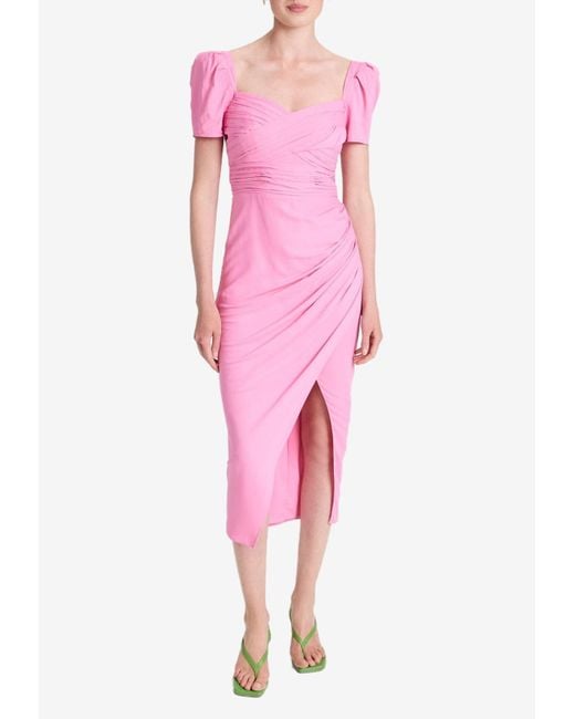 SelfPortrait Synthetic Stretch Crepe Wrap Midi Dress With Puff Sleeves