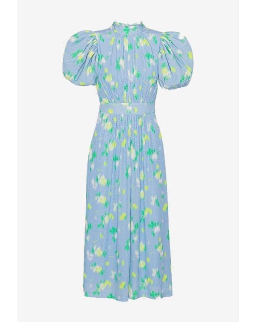 ROTATE BIRGER CHRISTENSEN Blue Floral Puff-Sleeve Midi Dress