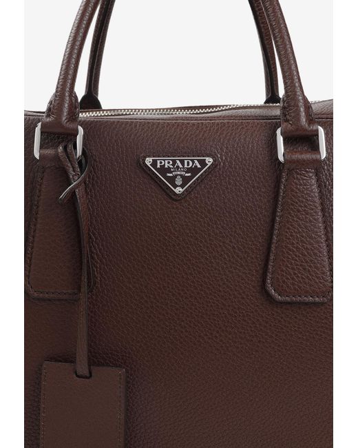 Prada Brown Triangle Logo Leather Briefcase for men