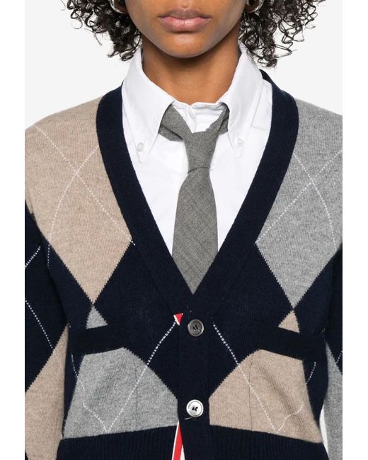 Thom Browne Blue Argyle Intarsia Knit Cashmere Cardigan