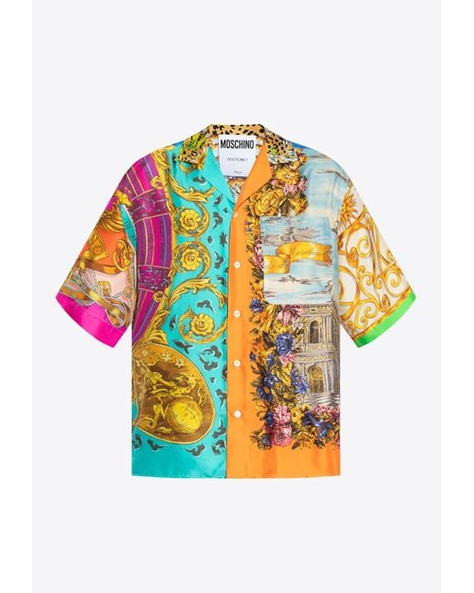 Moschino Multicolor Scarf Print Bowling Silk Shirt for men