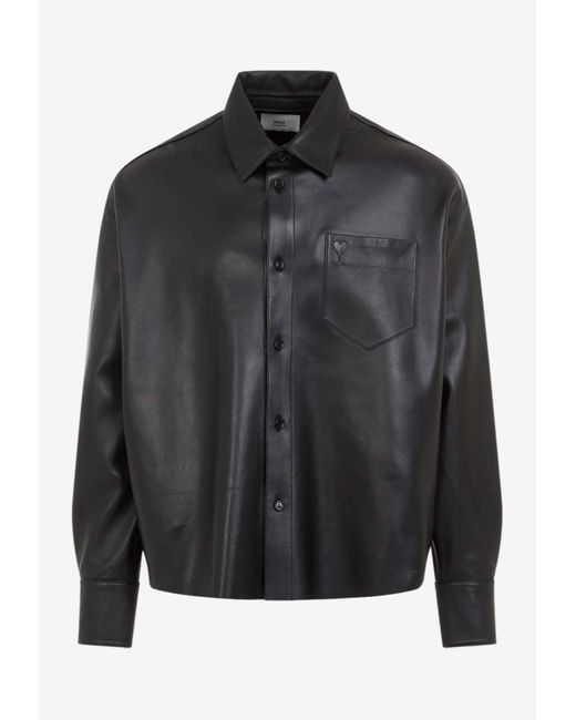 AMI Black Logo-Debossed Leather Overshirt for men