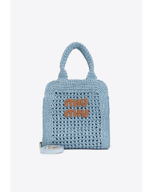 Miu Miu Blue Crochet Raffia Logo Top Handle Bag