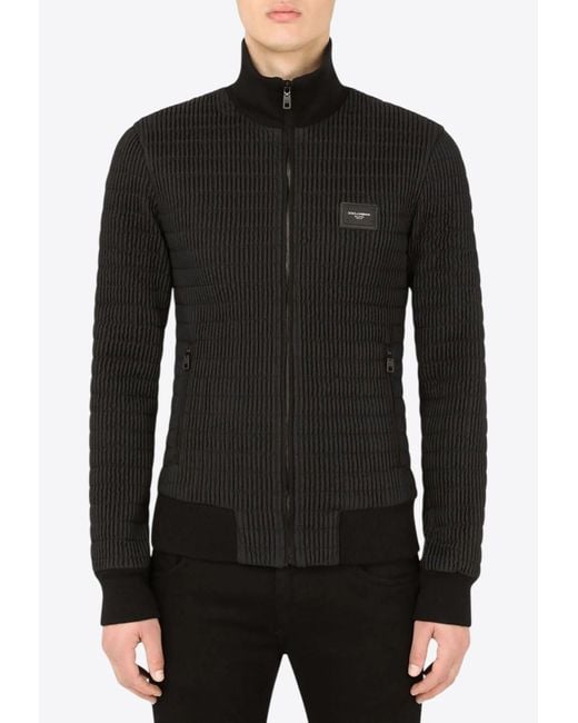Dolce & Gabbana Black Logo Patch Ribbed Bomber Jacket for men