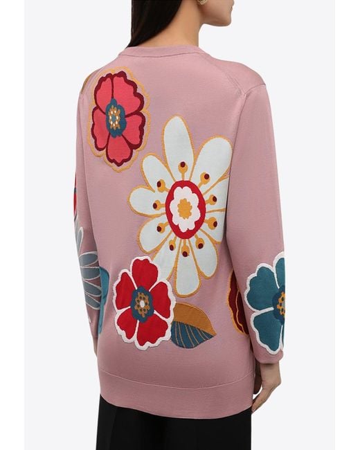 Dolce & Gabbana Red Crewneck Floral Silk Sweater