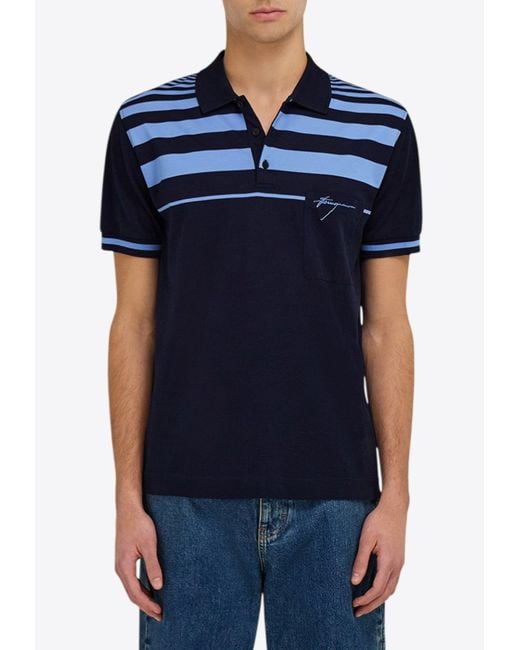 Ferragamo Blue Striped Logo Polo T-Shirt for men