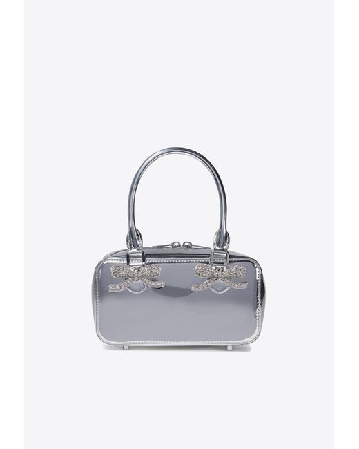 Self-Portrait Blue Mini Bow Embellished Metallic Top Handle Bag