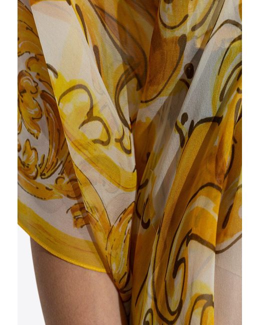 Dolce & Gabbana Yellow Majolica-Print Silk Chiffon Maxi Kaftan Dress