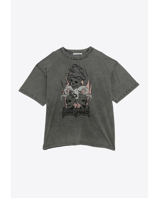 Acne Gray Skull Print Washed-Effect T-Shirt for men