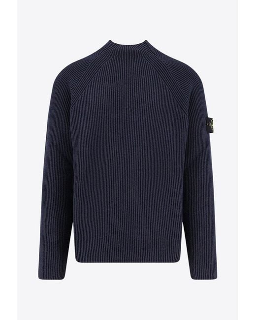 Stone Island Blue Mock-Neck Ribbed Knit Sweater for men