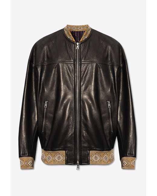 Etro Black Leather Bomber Jacket for men