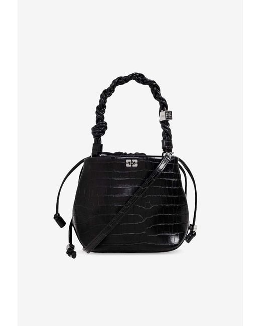 Ganni Black Bou Croc-Embossed Leather Bucket Bag
