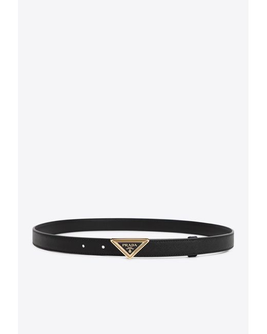 Prada White Triangle Logo Buckle Belt In Saffiano Leather