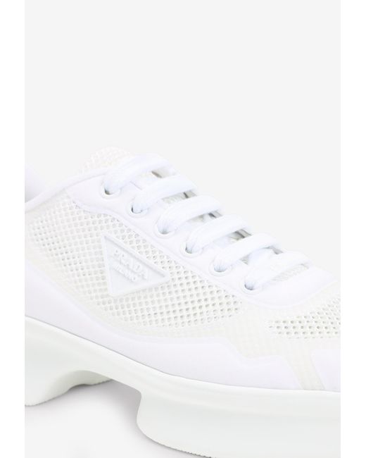 Prada White Wavy Triangle Logo Low-Top Sneakers