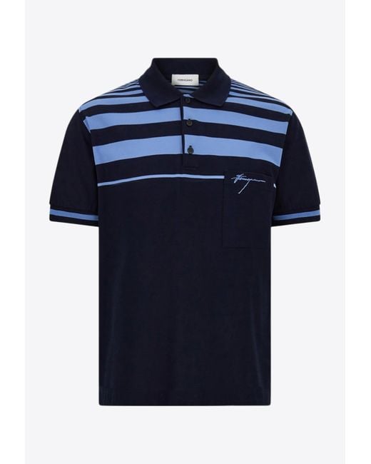 Ferragamo Blue Striped Logo Polo T-Shirt for men