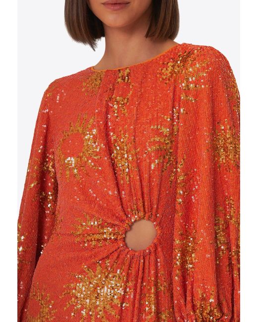 Farm Rio Orange Sunny Mood Sequined Midi Dress With Cut-Out Detail