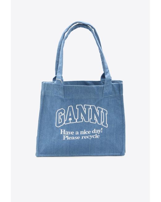 Ganni Blue Logo Print Denim Tote Bag