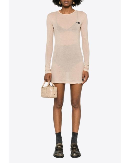 Miu Miu Logo Patch Semi-Sheer Mini Dress in Natural | Lyst