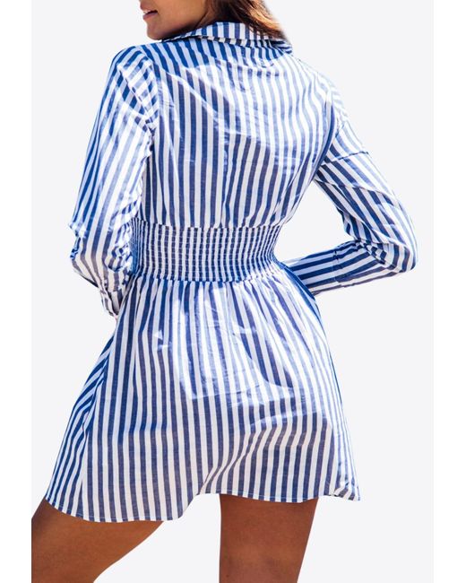 Les Canebiers Blue Vignes Elastic Waist Striped Mini Dress
