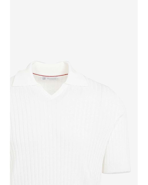 Brunello Cucinelli White Ribbed Short-Sleeved Polo T-Shirt for men