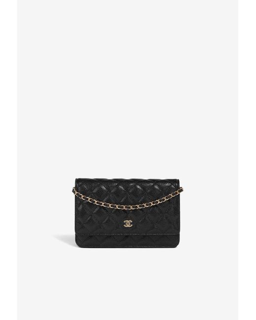 Chanel White Timeless Wallet On Chain In Black Caviar Leather With Gold Hardware