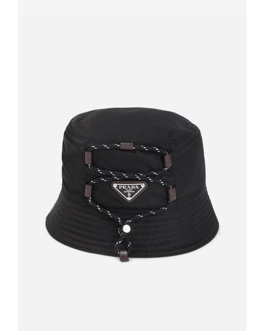 Prada Black Triangle Logo Drawstring Bucket Hat for men
