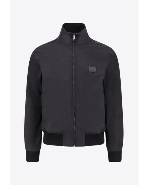Dolce & Gabbana Blue Logo Patch Zip-Up Bomber Jacket for men