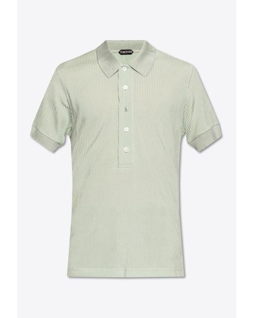 Tom Ford Green Logo Embroidered Ribbed Polo T-Shirt for men