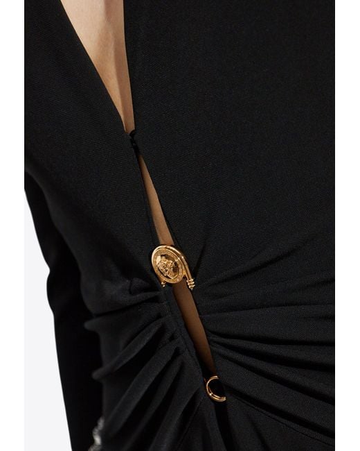 Versace Black Safety Pin Draped Fitted Bodysuit