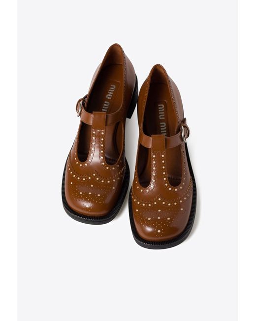 Miu Miu Brown T-Strap Leather Brogue Shoes