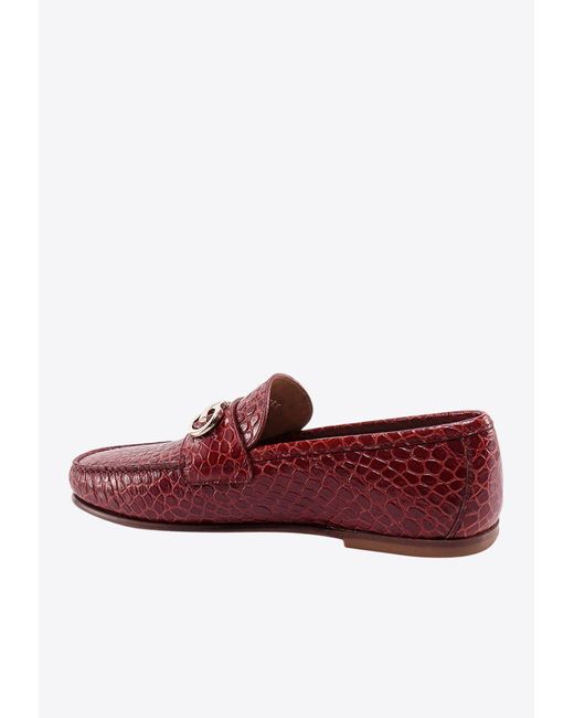Ferragamo Red Galileo Croc-Embossed Leather Loafers for men