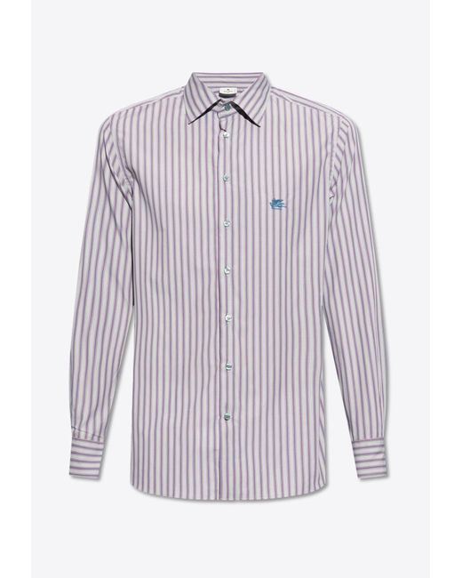 Etro Purple Logo Embroidered Stripe Shirt for men