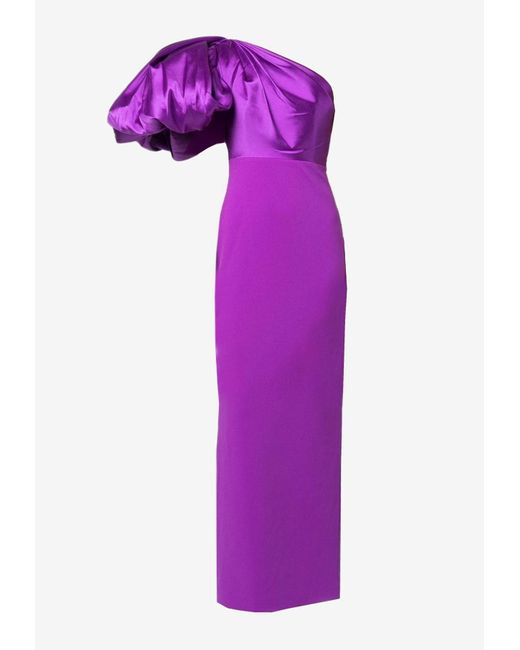 Solace London Purple Karli One-shoulder Gathered Faille And Stretch-crepe Maxi Dress