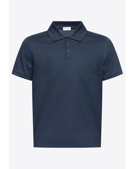 Saint Laurent Blue Cassandre Embroidered Polo T-Shirt for men