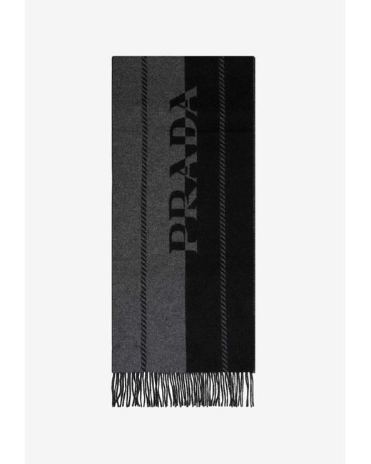 Prada Black Logo Intarsia Wool Scarf for men