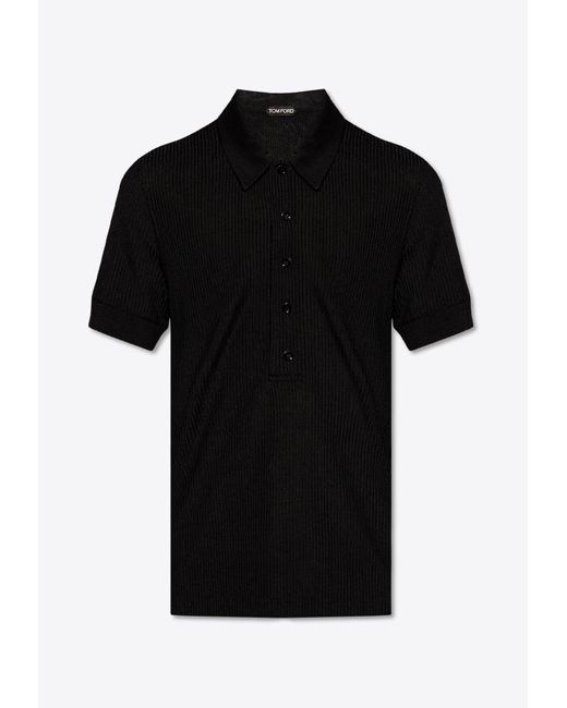 Tom Ford Black Logo Embroidered Ribbed Polo T-Shirt for men