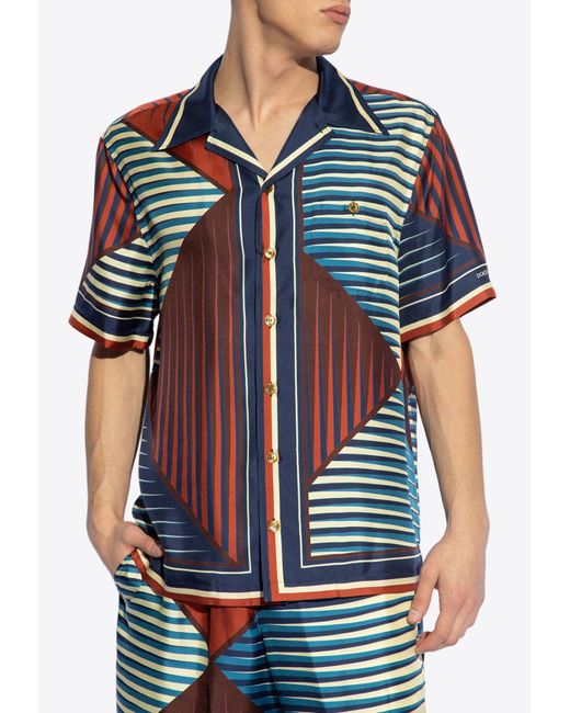 Dolce & Gabbana Blue Geometric Print Bowling Silk Shirt for men