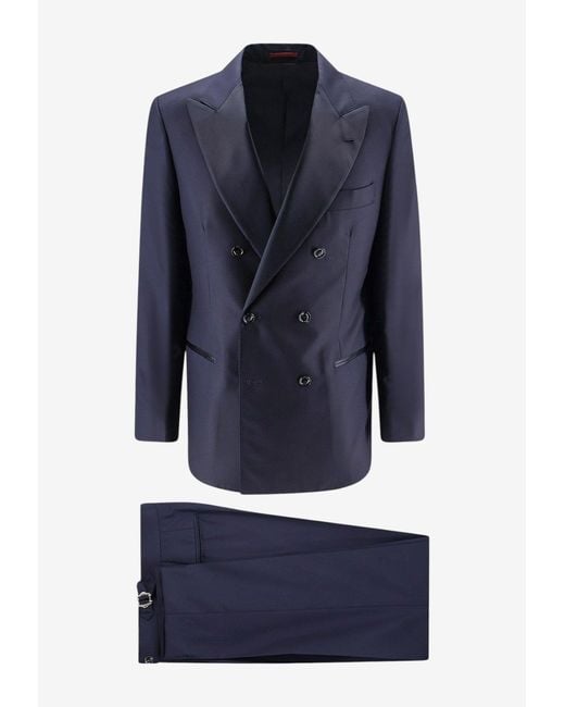 Brunello Cucinelli Blue Double-Breasted Wool Suit for men