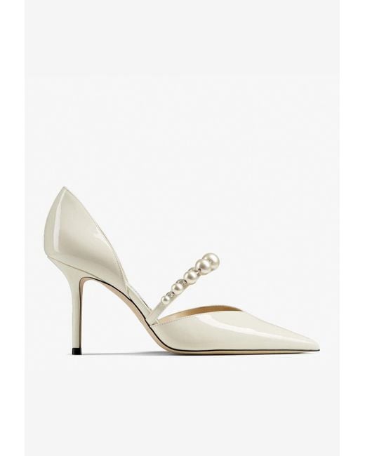 Jimmy Choo Aurelie 85 Pearl Embellished Pumps In Patent Leather in White | Lyst UK