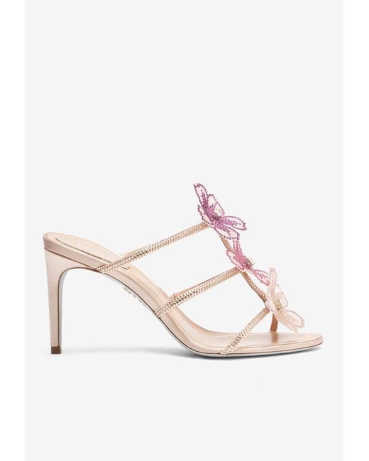 Rene Caovilla Pink Peach Flower 80 Rhinestone-Embellished Mules