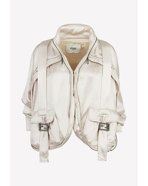 Fendi Satin Blouson Jacket With Baguette Pockets in Natural | Lyst