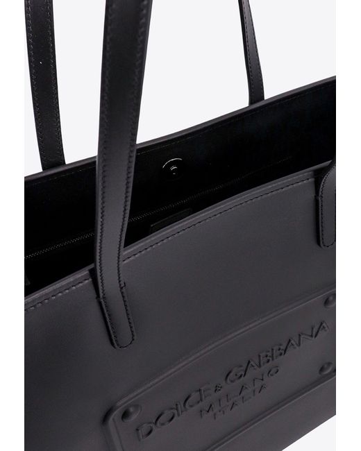 Dolce & Gabbana Black Logo Embossed Leather Tote Bag for men